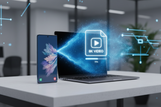 A sleek Samsung Galaxy S26 Ultra and a modern MacBook Pro side by side on a minimalist desk, glowing with a shared blue