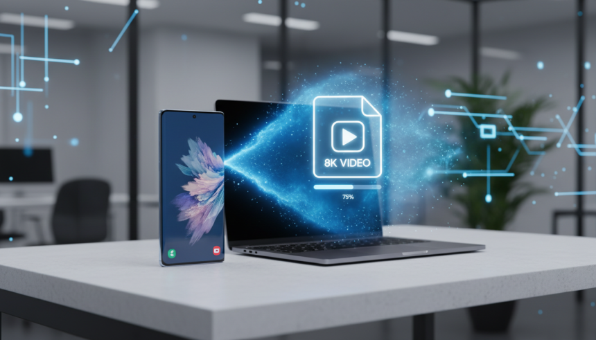 A sleek Samsung Galaxy S26 Ultra and a modern MacBook Pro side by side on a minimalist desk, glowing with a shared blue