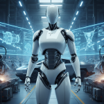 Futuristic humanoid robot resembling Tesla Optimus 3 standing inside a विशाल high-tech factory in Shanghai, with sleek w