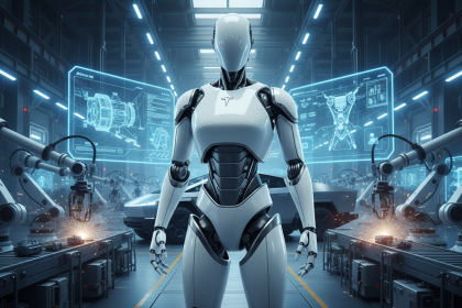 Futuristic humanoid robot resembling Tesla Optimus 3 standing inside a विशाल high-tech factory in Shanghai, with sleek w