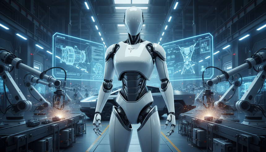 Futuristic humanoid robot resembling Tesla Optimus 3 standing inside a विशाल high-tech factory in Shanghai, with sleek w