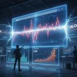 A dramatic digital newsroom scene with a giant glowing Google search results screen shaking like a seismic monitor, rank