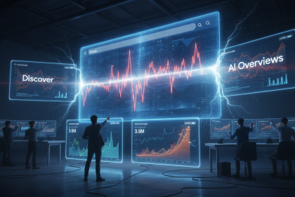 A dramatic digital newsroom scene with a giant glowing Google search results screen shaking like a seismic monitor, rank