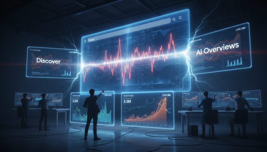 A dramatic digital newsroom scene with a giant glowing Google search results screen shaking like a seismic monitor, rank
