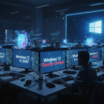 A dramatic tech newsroom scene at night with glowing computer screens showing headlines “Windows 12 in 2026?” and “Rumor