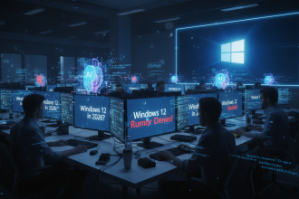 A dramatic tech newsroom scene at night with glowing computer screens showing headlines “Windows 12 in 2026?” and “Rumor