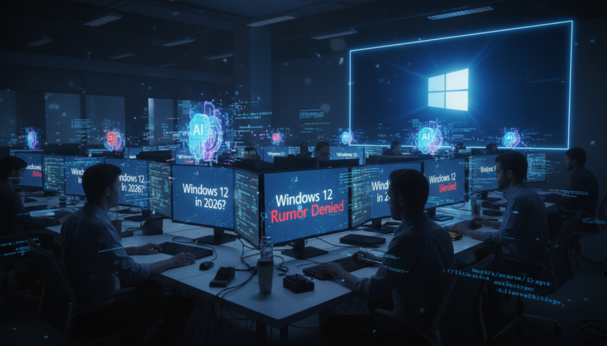 A dramatic tech newsroom scene at night with glowing computer screens showing headlines “Windows 12 in 2026?” and “Rumor