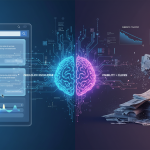 A dramatic split-screen digital illustration: on one side a glowing Google search results page with large AI-generated a