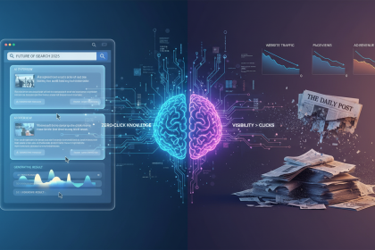 A dramatic split-screen digital illustration: on one side a glowing Google search results page with large AI-generated a