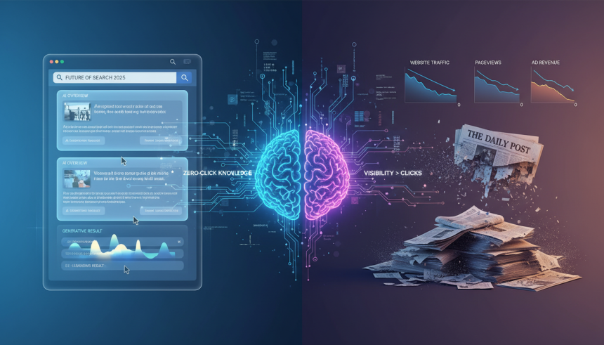 A dramatic split-screen digital illustration: on one side a glowing Google search results page with large AI-generated a