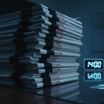 Modern editorial photography, secret Pentagon declassification scene, a stack of heavily redacted government files on a