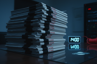 Modern editorial photography, secret Pentagon declassification scene, a stack of heavily redacted government files on a