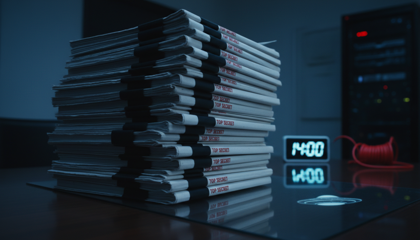 Modern editorial photography, secret Pentagon declassification scene, a stack of heavily redacted government files on a