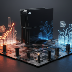 Modern editorial 3D concept art, Sony PlayStation 6 strategy dilemma visualized as a sleek black game console blueprint