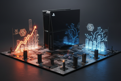Modern editorial 3D concept art, Sony PlayStation 6 strategy dilemma visualized as a sleek black game console blueprint