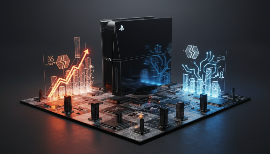 Modern editorial 3D concept art, Sony PlayStation 6 strategy dilemma visualized as a sleek black game console blueprint