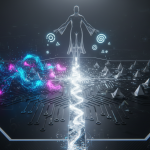 Conceptual digital art, futuristic AI consciousness debate visualized as a sleek black neural circuit map split by a glo