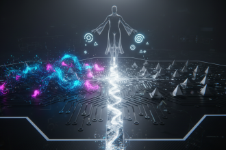 Conceptual digital art, futuristic AI consciousness debate visualized as a sleek black neural circuit map split by a glo