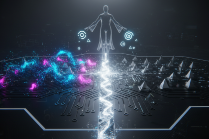 Conceptual digital art, futuristic AI consciousness debate visualized as a sleek black neural circuit map split by a glo