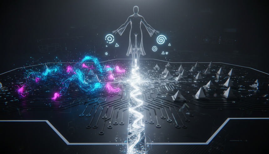 Conceptual digital art, futuristic AI consciousness debate visualized as a sleek black neural circuit map split by a glo