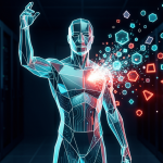 Illustration conceptuelle d'un agent IA se désintégrant en particules géométriques dans un datacenter, symbolisant une fuite de données causée par une injection de prompt malveillante