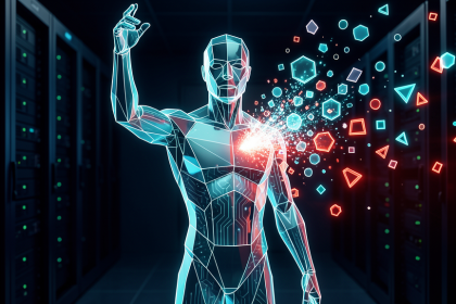 Illustration conceptuelle d'un agent IA se désintégrant en particules géométriques dans un datacenter, symbolisant une fuite de données causée par une injection de prompt malveillante