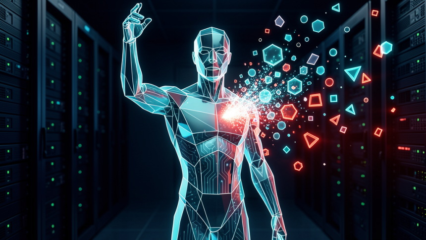 Illustration conceptuelle d'un agent IA se désintégrant en particules géométriques dans un datacenter, symbolisant une fuite de données causée par une injection de prompt malveillante