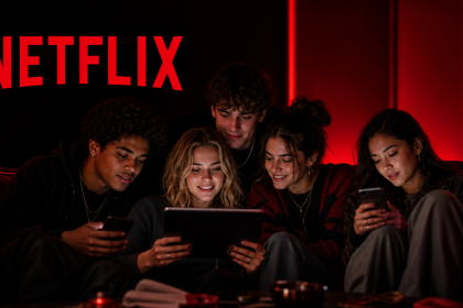 Jeunes adultes réunis sur un canapé en train de regarder des séries sur tablette et smartphone, avec le logo Netflix en rouge sur fond sombre