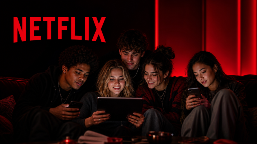 Jeunes adultes réunis sur un canapé en train de regarder des séries sur tablette et smartphone, avec le logo Netflix en rouge sur fond sombre
