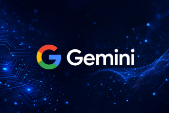 Logo Google Gemini avec le mot-symbole blanc sur fond techno sombre, illustration de l'article sur le franchissement du milliard d'utilisateurs mensuels