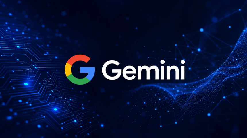 Logo Google Gemini avec le mot-symbole blanc sur fond techno sombre, illustration de l'article sur le franchissement du milliard d'utilisateurs mensuels
