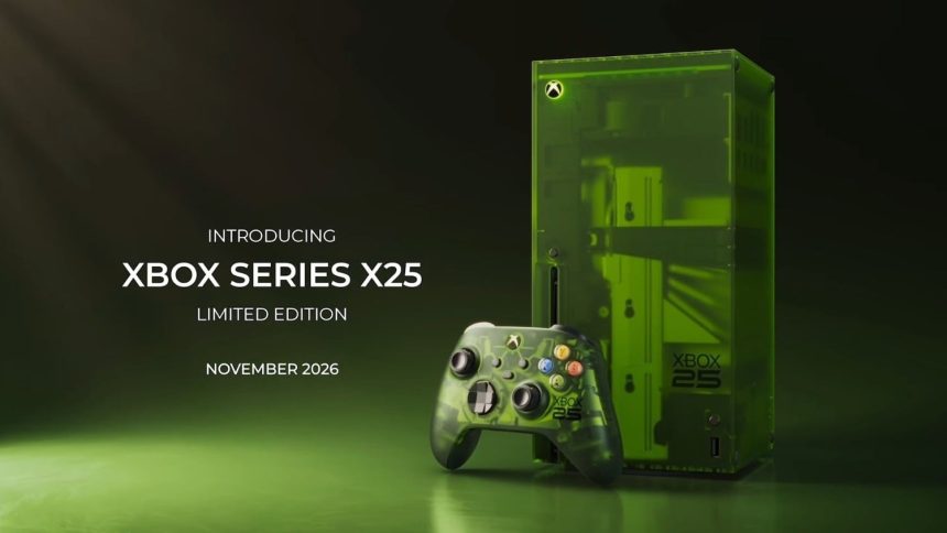 Rendu leaké de la Xbox Series X25 édition 25 ans anniversaire en coque verte translucide OG Green, avec manette assortie