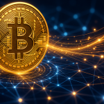 Pièce Bitcoin dorée avec le symbole officiel ₿ sur fond de réseau blockchain, portefeuille dormant de 2011