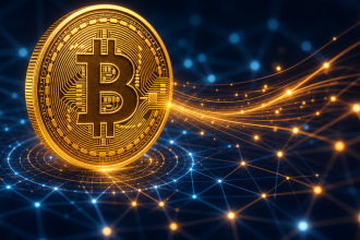 Pièce Bitcoin dorée avec le symbole officiel ₿ sur fond de réseau blockchain, portefeuille dormant de 2011