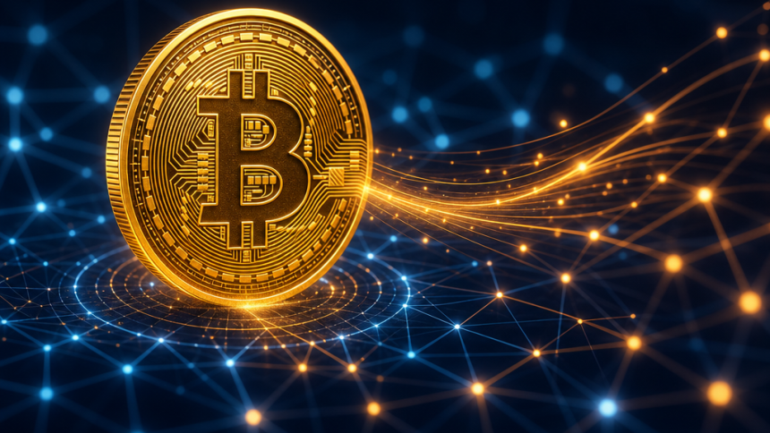Pièce Bitcoin dorée avec le symbole officiel ₿ sur fond de réseau blockchain, portefeuille dormant de 2011