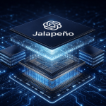 Concept : puce d'inférence Jalapeño d'OpenAI, logo officiel OpenAI avec le nom du modèle sur fond sombre techno