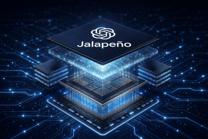 Concept : puce d'inférence Jalapeño d'OpenAI, logo officiel OpenAI avec le nom du modèle sur fond sombre techno