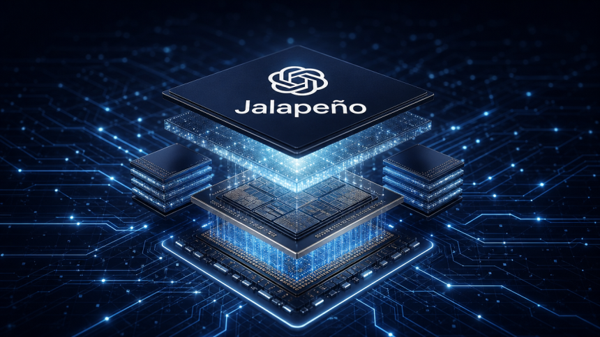 Concept : puce d'inférence Jalapeño d'OpenAI, logo officiel OpenAI avec le nom du modèle sur fond sombre techno