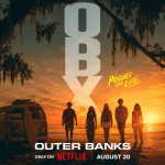 Outer Banks saison 5, key art officiel avec les Pogues sur la plage au coucher du soleil
