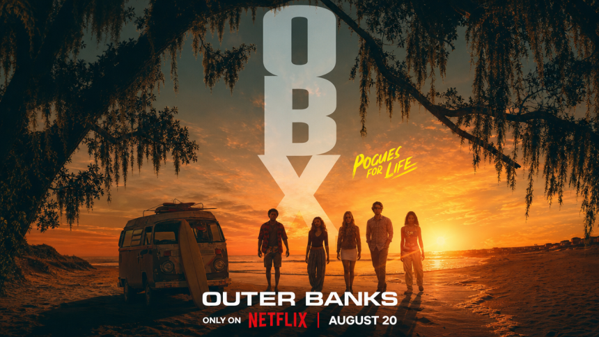 Outer Banks saison 5, key art officiel avec les Pogues sur la plage au coucher du soleil