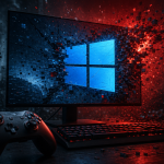 Concept Windows 11 : setup gaming avec logo Windows 4 panneaux fissuré et se désintégrant sur l'écran, illustrant les crashs de jeux après la mise à jour KB5121003