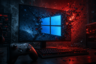 Concept Windows 11 : setup gaming avec logo Windows 4 panneaux fissuré et se désintégrant sur l'écran, illustrant les crashs de jeux après la mise à jour KB5121003
