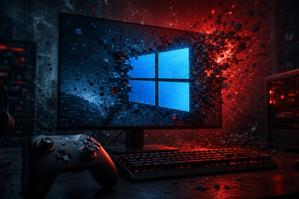 Concept Windows 11 : setup gaming avec logo Windows 4 panneaux fissuré et se désintégrant sur l'écran, illustrant les crashs de jeux après la mise à jour KB5121003