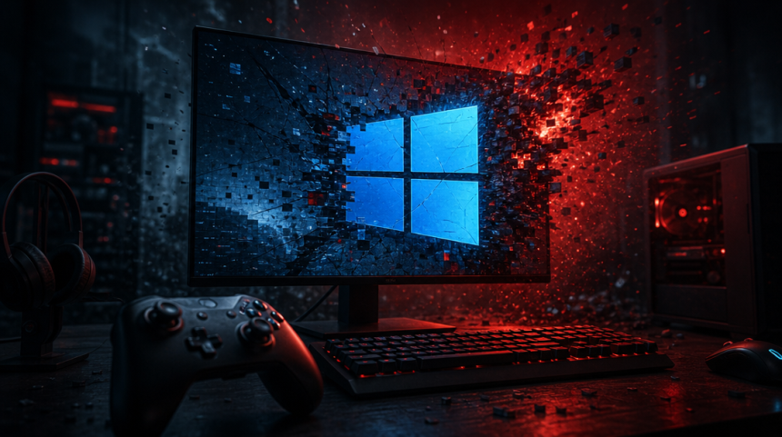 Concept Windows 11 : setup gaming avec logo Windows 4 panneaux fissuré et se désintégrant sur l'écran, illustrant les crashs de jeux après la mise à jour KB5121003