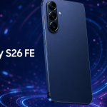 Samsung Galaxy S26 FE, rendu concept sur fond techno abstrait
