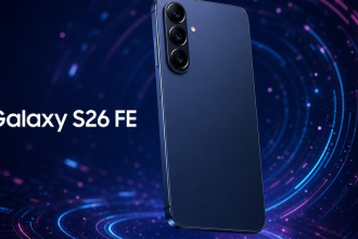 Samsung Galaxy S26 FE, rendu concept sur fond techno abstrait