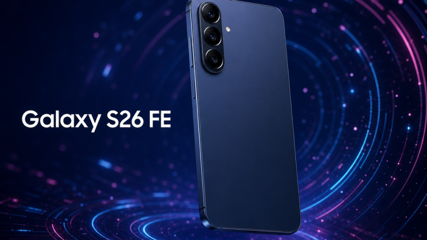 Samsung Galaxy S26 FE, rendu concept sur fond techno abstrait