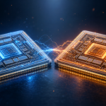 Concept illustrant l'opposition entre l'Exynos 2700 de Samsung et le Snapdragon 8 Elite Gen 6 de Qualcomm, deux puces face-à-face sur fond techno bleu nuit