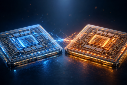 Concept illustrant l'opposition entre l'Exynos 2700 de Samsung et le Snapdragon 8 Elite Gen 6 de Qualcomm, deux puces face-à-face sur fond techno bleu nuit
