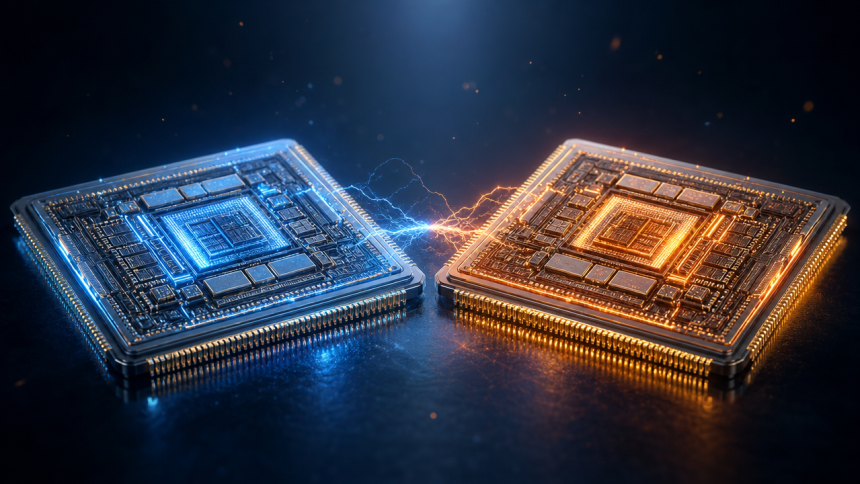 Concept illustrant l'opposition entre l'Exynos 2700 de Samsung et le Snapdragon 8 Elite Gen 6 de Qualcomm, deux puces face-à-face sur fond techno bleu nuit